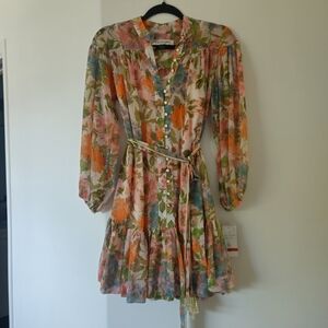 Taylor Pink and Orange Wrap Mini Dress with Bishop Sleeves